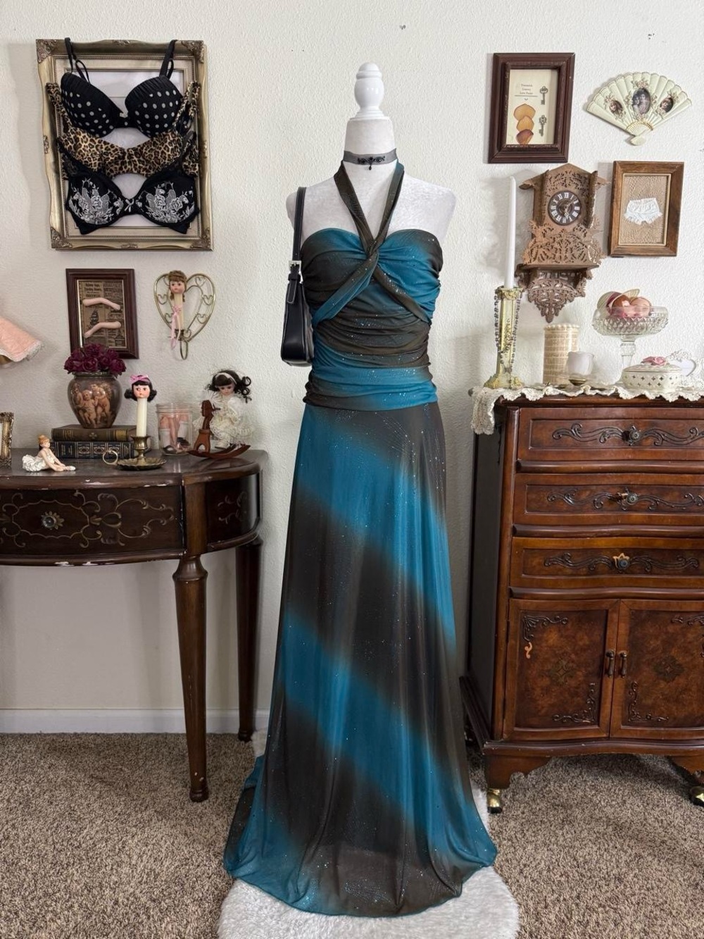 Y2k whimsical fairy grunge brown and teal blue sparkly glitter mesh halter maxi